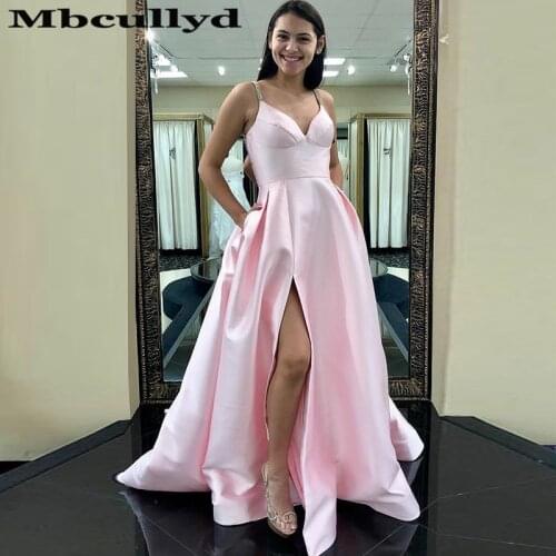 Mbcullyd Pink Satin Prom Dress With Pocket 2020 Women Long Formal Evening Dress Sexy High Split Robe De Soiree Custom Made
