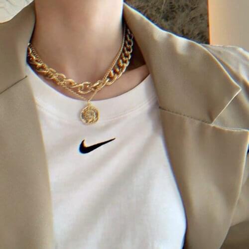 Fashion retro portrait exaggerated thick chain necklace double personality chain hip-hop neck short clavicle chain women