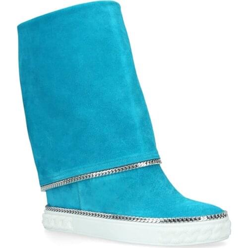 Fashion Peacok Blue Suede Metal Chains Boots Women Height Increasing Mid Calf Boots Ladies Collar Down Slip On Martin Boots Shoe