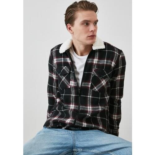 Black Male Plaid Regular Collar Şerpalı Zipper Shirt Cotton Polyester Plaid checkered 2021 Winter Spring seasonal Jacket Shirt