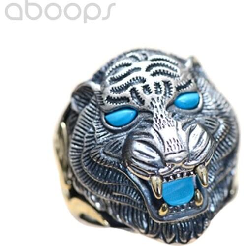 Bicolor 925 Sterling Silver Tiger Ring with Red Blue Stones for Men,Adjustable Size 8.5-10.5,Free Shipping