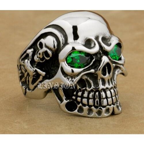 316L Stainless Steel Green CZ Eyes Titan Skull Mens Boys Biker Rock Ring 3A301A