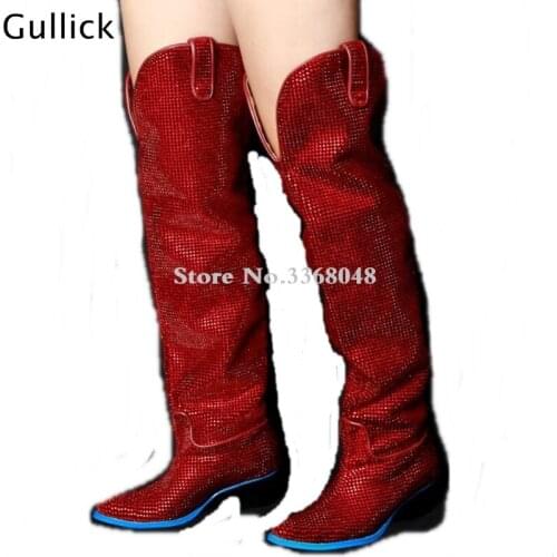 Newest Luxurious Red Crystals Embellished Woman Knee High Boots Eye-catching Red Slip On Deep-V Boots Pointed Toe Blue Heel Shoe