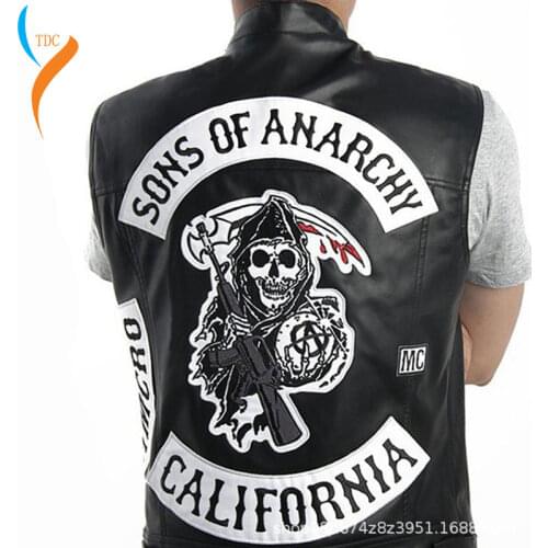 2019 New Fashion Sons Of Anarchy Embroidery Leather Rock Punk Vest Cosplay Costume Black Color Motorcycle Sleeveless Jacket