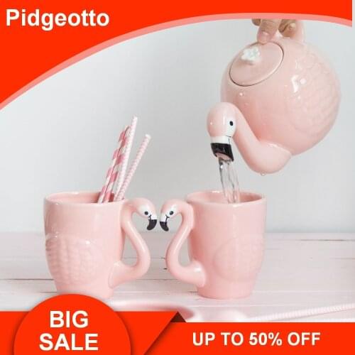 Wholesale Creative 3D Pink Famingo Coffeware Sets Super Beauty Porcelain Tea Pot Beautiful Girl Birthday Gift Free Shipping
