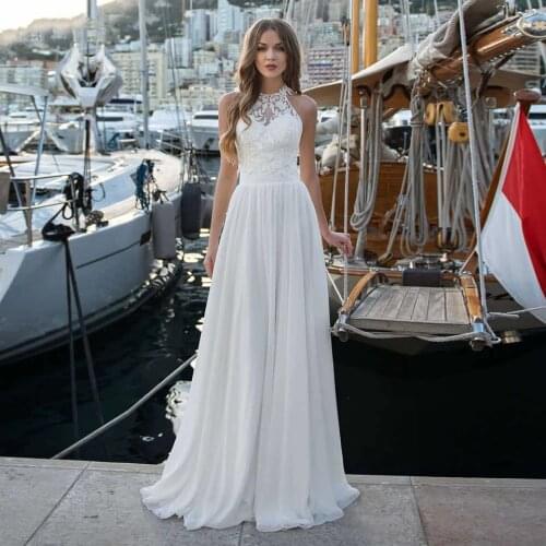 Beach Chiffon Wedding Dresses Elegant Appliques Lace Bridal Gowns Halter Neck Boho Princess Party Gowns A-line Floor Length 2021