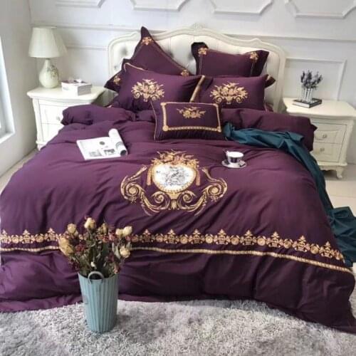 Luxury Egyptian cotton Queen King Bedding sets Oriental Golden purple Embroidery Duvet Cover Bed sheets set Pillowcase 4pcs