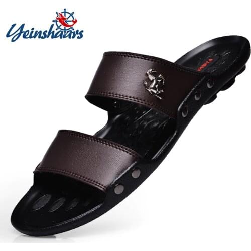 YEINSHAARS Casual Famous Brand Men Sandals Shoes Slippers Summer Flip Flops Beach Men Shoes Leather Sandalias Zapatos Hombre