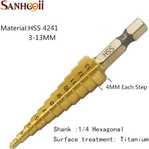 1/4 inch Hex Shank Step Cone Drill Bit 3~13mm HSS 4241 Titanium Coat Drilling Tools set