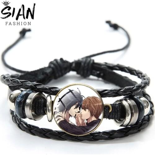 SIAN Anime Death Note Yagami Light Bracelet Manga Cartoon Pattern Glass Cabochon Trendy Punk Leather Bracelets for Women Men