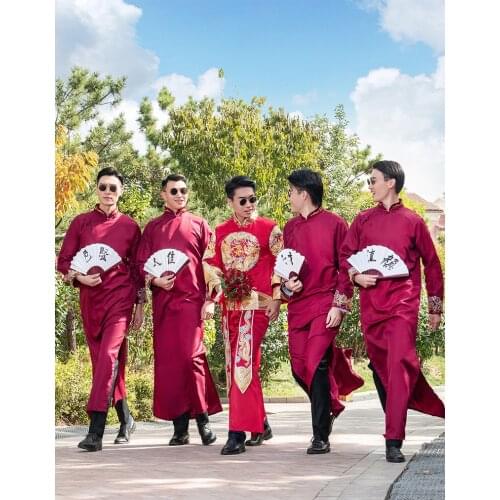 Traditional Wedding Men Clothes Vintage Ancient Groomsman Long Robe For Wedding Clothing Tang Zhuang Robe Funny Festival Costume