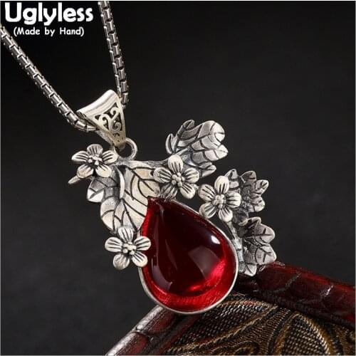Uglyless 100% Real 925 Sterling Thai Silver Handmade Ethnic Flowers Pendants for Women Water Drop Chalcedony Necklaces NO Chains