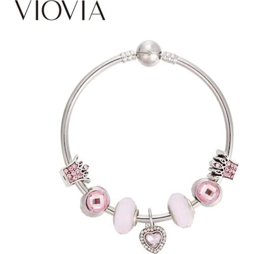 VIOVIA Hot Sale Handmade Pink Beads of Heart Beads Beads Charm Bracelet Fits Snake Chain Brand Bracelet For Women Female B17102