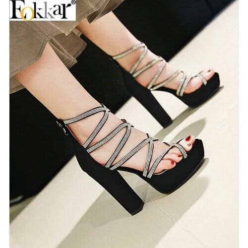 Eokkar 2019 Black Square High Heels 12cm Women Sandals Pumps Sequins Round Toe Cross Tied Chunky Heels Shoes Women Size 34-43