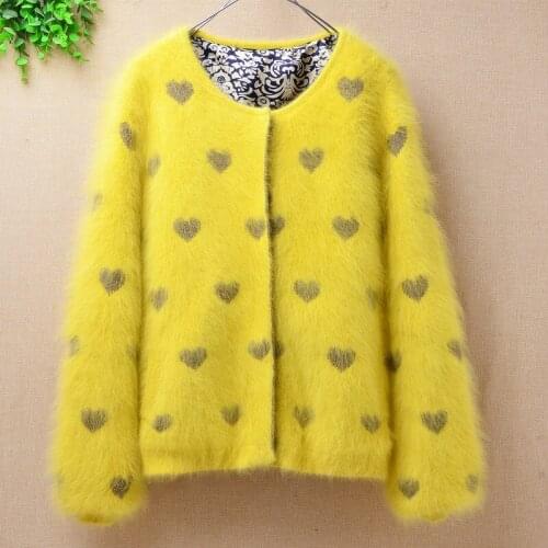 Top mujer female short style sweet love pattern mink cashmere long puff sleeves cardigans angora fur knitted jacket coat winter