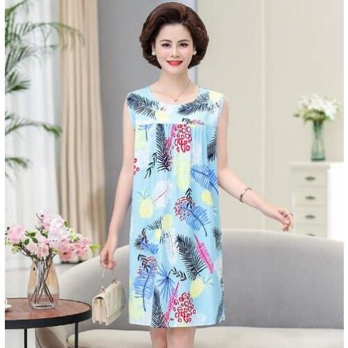 Womens Middle-aged summer dress large size priting dress short-sleeved loose beach dress