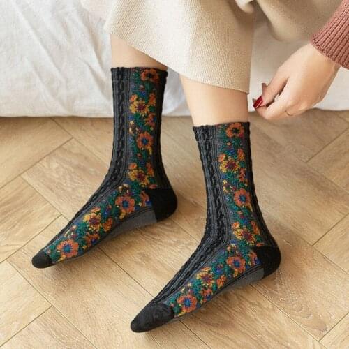 Vintage style ethnic style winter ladies and girls wool warm socks embroidered multi-flower cotton socks. Funny socks
