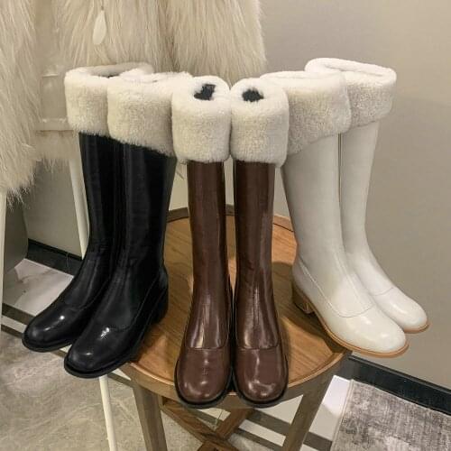 EshtonShero Winter Shoes Woman Pu Knee High Boots Square High Heel Zipper Square Toe Platform Black Casual Riding Boots Size 3-9