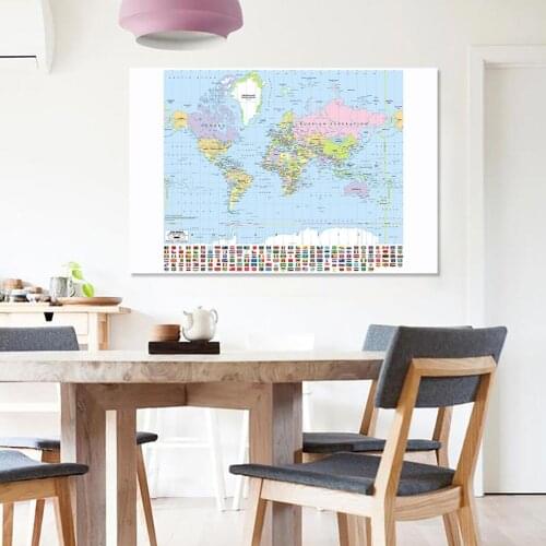 150*100cm Map of The World with National Flags Vinyl Canvas Painting Large Wall Art Poster Office Home Decor School Supplies