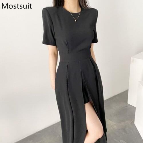2021 Summer Stylish Korean Women Splitting Dress Short Sleeve O-neck Solid Dresses Fashion Party Sexy Long Vestidos Femme
