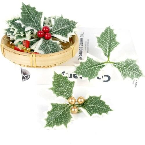 5/10pcs Artificial Holly Berries Silk Green Leaves Christmas Decoration For Home Wedding Decor DIY Wreath Craft Accessories