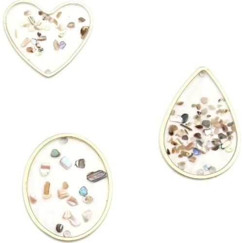Heart Round Shell Enamel Connectors Zinc Alloy Gold Color Transparent Clear Enamel 3.2cm x 2.8cm For DIY Jewelry Making, 5 PCs