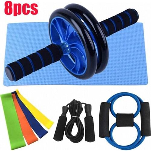8pcs Home Gym Fitness Set Abdominal Roller Wheel AB Wheel Abdominal Roller 8 Shape Resistance Band Jump Rope Pull Rope Equipment