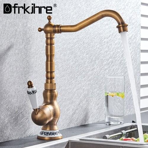 Antique Brass Bathroom Basin Faucet Kitchen Faucet Deck Mounted 360 Rotation Hot And Cold Water Wash Single Handle Mixer Tap