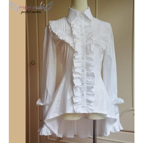 White Cotton Fishtail-shaped Ruffles Turn-down Collar/White Chiffon Hime Sleeves Neck Straps Lace Trim Ruffles Lolita Blouse