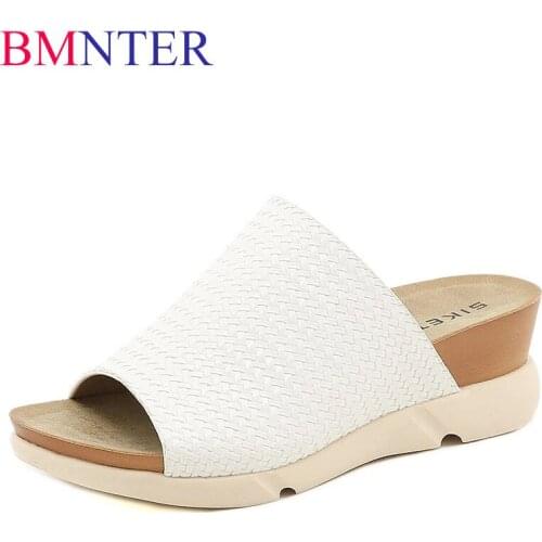 BMNTER Summer Outdoor Womens Wedges Slippers Slip-On Shoes Woman Weave Breathable Soft Platform Leather Sandals Platform Shoes
