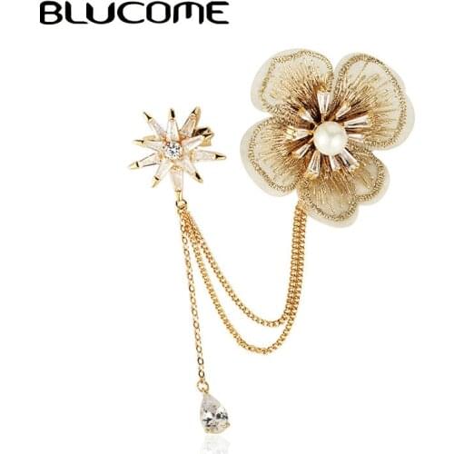 Blucome Zircon Tassel Double Flower Star Copper Brooches Suit Collar Clip Handmade Chinese Embroidery Wedding Clothes Brooch Pin