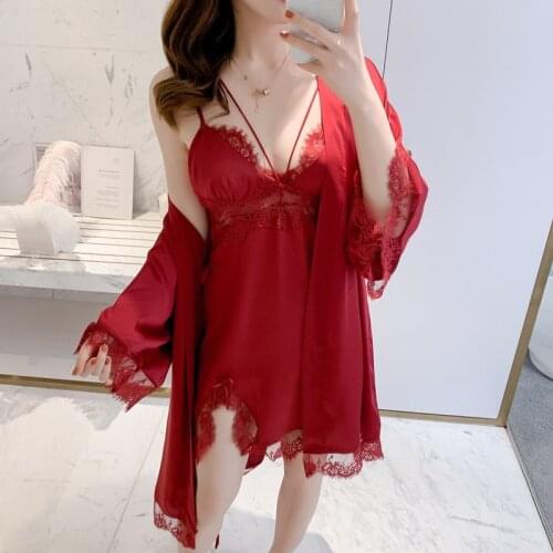 Women Sexy Robe Two Piece Set With Lace Faux Silk Bathrobe Burgundy Sleepwear Satin Kimono Gown Perspective Nightgown Lingerie