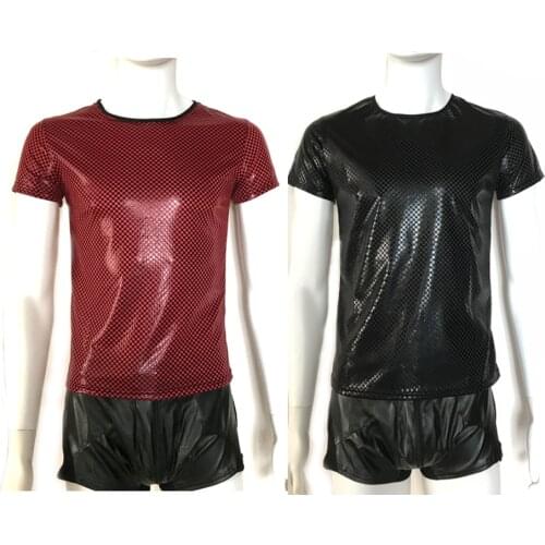 KH57 M-2XL 2018 Fashion Faux Leather Plaid Tanks Men Plus Size Sexy Fitness Tops Tees Night Club Short Sleeves DS Black Red
