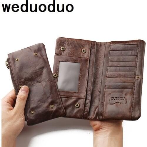 Weduoduo 100% Genuine Leather Men Wallets Brand Vintage Men Long Wallet Luxury Purses Coin Pocket Money Bags Credit Card Holders