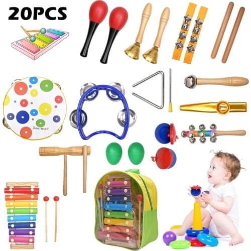 20pcs Percussion Musical Instruments Set for Toddler with Carry Bag Educational Toys Rhythm Band Set Wooden Rattles Kids Gifts