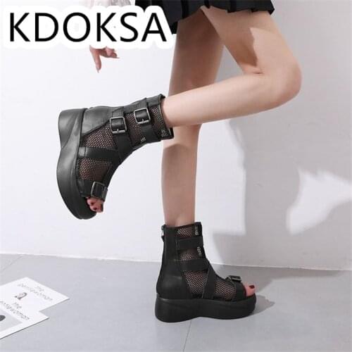 2021 Spring And Autumn New Fish Mouth Roman Shoes Women Boots Muffin Heighten Net Gauze Cold Boots Net Boots High Top Hole Chunk