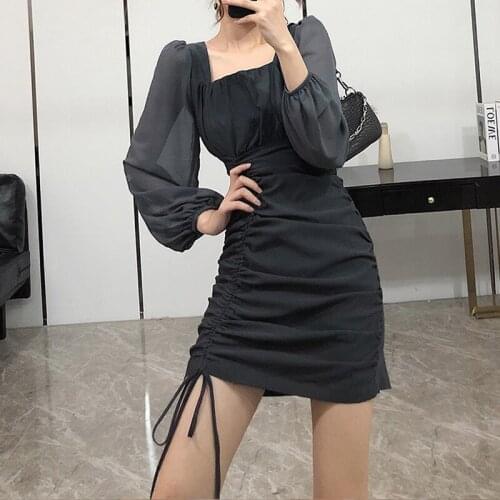 Bodycon Dress Korean Full Sleeve Bandage Dress Fashion Square Collar Black Dress New One-piece Lady Party Club Clothes Fall