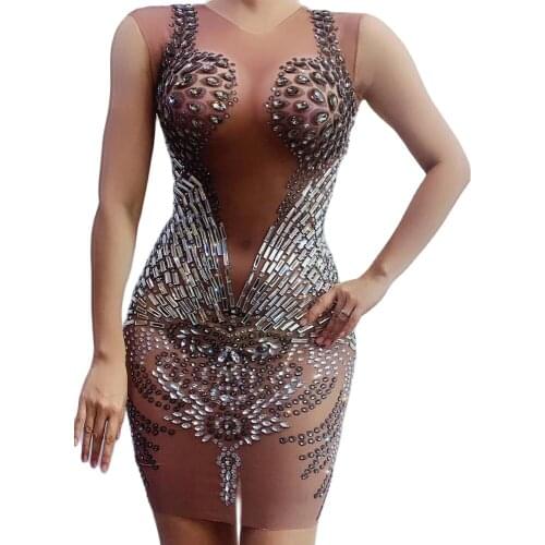 Net Yarn Transparent Skinny Elastic Women Dresses Sparkly Diamonds Sequined Short Dress Nightclub Costumes Evening Prom Outfit