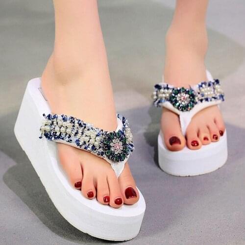Korean Fashion Rhinestone Beaded Slope With Flip Flops Women Summer High-Heeled Non-Slip Sweet Age-Reducing Slippers Beach Shoes
