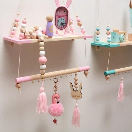 Nordic Children Room Decorative Storage Rack Double Wooden Bead Tassels Shelves Wall Rope Hanging Shelf Home Hook Kids Coat Rack
