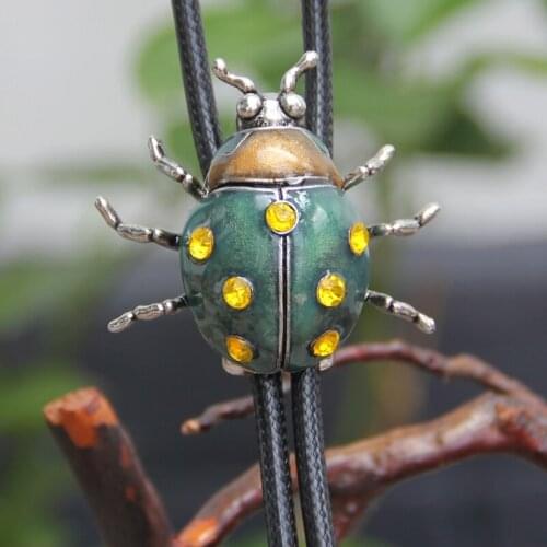 Vintage Western Cowboy Mens BOLO Tie Slide Clip Green Ladybug Polyester Rope