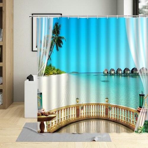 3D Ocean Window View Shower Curtain Beach Starfish Seagull Natural Scenery Bathroom Decor Bath Curtain Washable Hook Home Screen