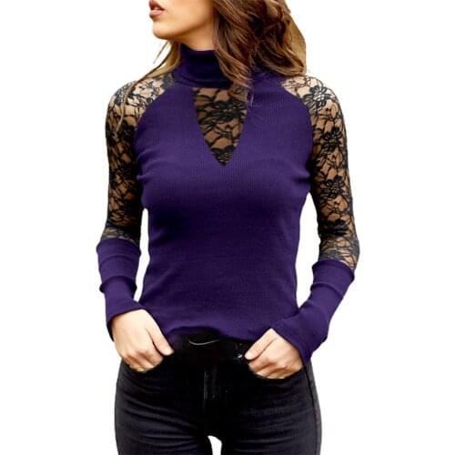 Woman sweaters Autumn Women Long Sleeve Turtle Neck Lace Patchwork Rib Blouse Pullover Knitwear sweater women clothes 2020
