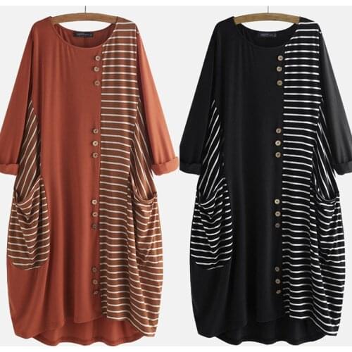 ZANZEA Women Dress Autumn Striped Patchwork O Neck Long Sleeve Baggy Sundress Vintage Ladies Work Knee Vestido Femme Plus Size