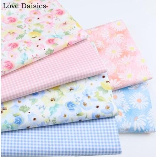 100% Cotton Pastoral Beautiful WHITE Pink Blue Flowers Floral Daisy Check Fabric DIY for Girl Doll Apparel Dress Decor Quilting