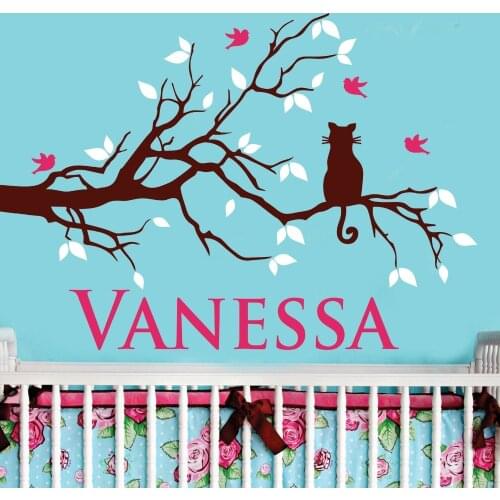 127x76cm Custom Name Cat on Tree Birds Leaves 3-colors Vinyl Wall Sticker Art Home Decor Kids Baby Room Wall Decals KW-296