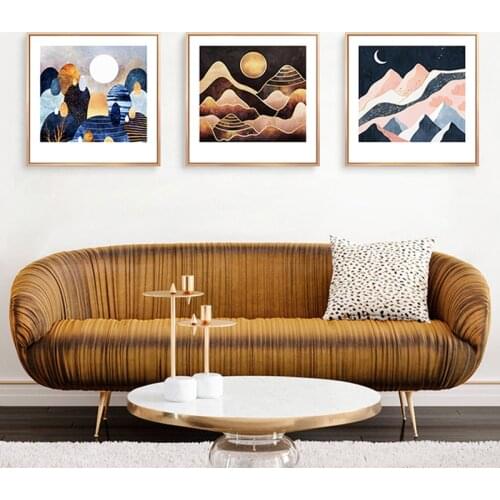 Abstract Mountain Forest Landscape Wall Art Canvas Painting Golden Sun Nordic Posters and Prints Wall Pictures for Living Room