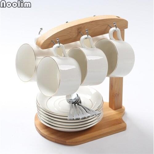 Bamboo Coffee Cup Storage Rack Wine Glasses Shelf Simple Tea Mug and Saucer Display Kitchen Organizer Wood Stand for 6 Cups