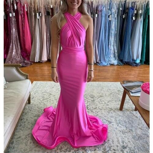 Elegant Long Halter Rose Red Pleated Evening Dresses Mermaid Floor Length Criss Cross Back Formal Party Dress for Women