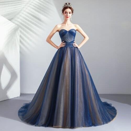 Elegan Navy Blue Prom Dresses 2019 Noble Sweetheart A-line Long Formal Party Dresses Vestido Longo Festa Gala Pleats Prom Gowns